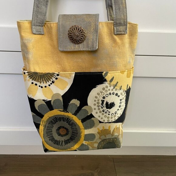 Hand Crafted Fabric Abstract Floral Print Tote Bag w Pockets Yellow Grey Blk - Picture 2 of 12